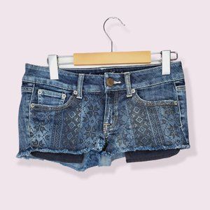 AMERICAN EAGLE Dark Blue Aztec Printed Boho Distressed Micro Mini Denim Shorts